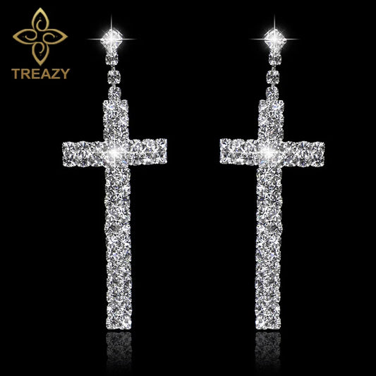 TREAZY Bridal Crystal Cross Shape Long Earrings Sparkly Silver Color Rhinestone Dangle Earrings For Women Wedding Jewelry Gifts