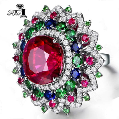 YaYI Jewelry Princess Cut Red Corundum Gemstones Zircon Silver Color Engagement  Wedding Party Precious Rings