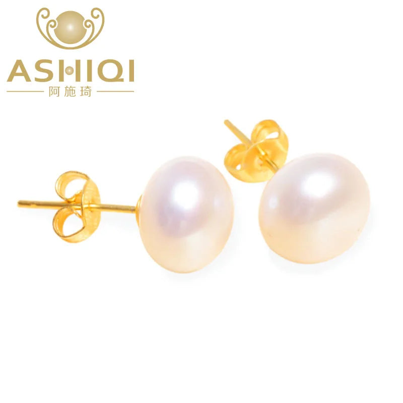 ASHIQI Real Natural Freshwater Pearl Stud Earrings 925 Sterling Silver With Gold Jewelry For Women Gifts