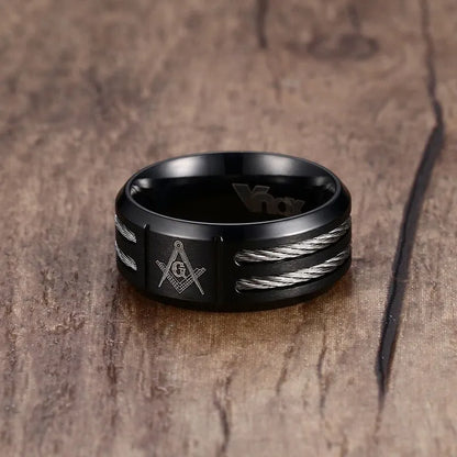 Vnox Vintage 9mm Masonic Ring Men Jewelry Black Stainless Steel With Wire Brother Gift