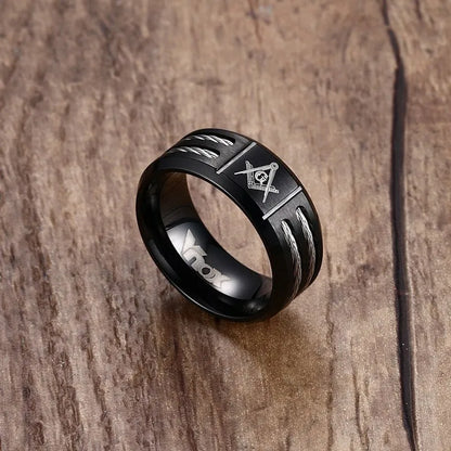 Vnox Vintage 9mm Masonic Ring Men Jewelry Black Stainless Steel With Wire Brother Gift