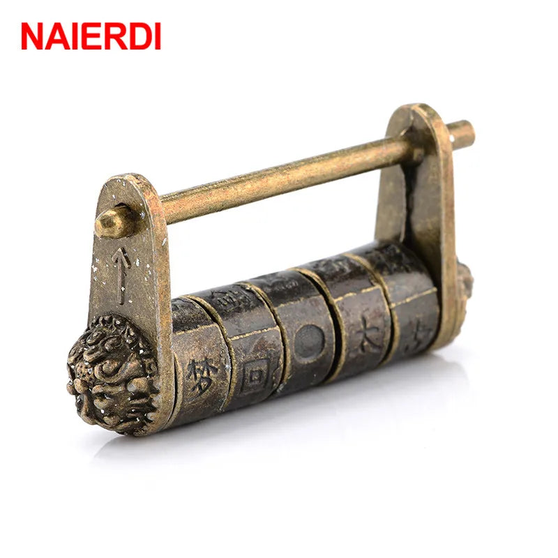 NAIERDI 50*28mm Zinc Alloy Chinese Vintage Antique Bronze Keyed Padlock Retro Combination Password Lock Jewelry Box Padlock