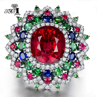 YaYI Jewelry Princess Cut Red Corundum Gemstones Zircon Silver Color Engagement  Wedding Party Precious Rings