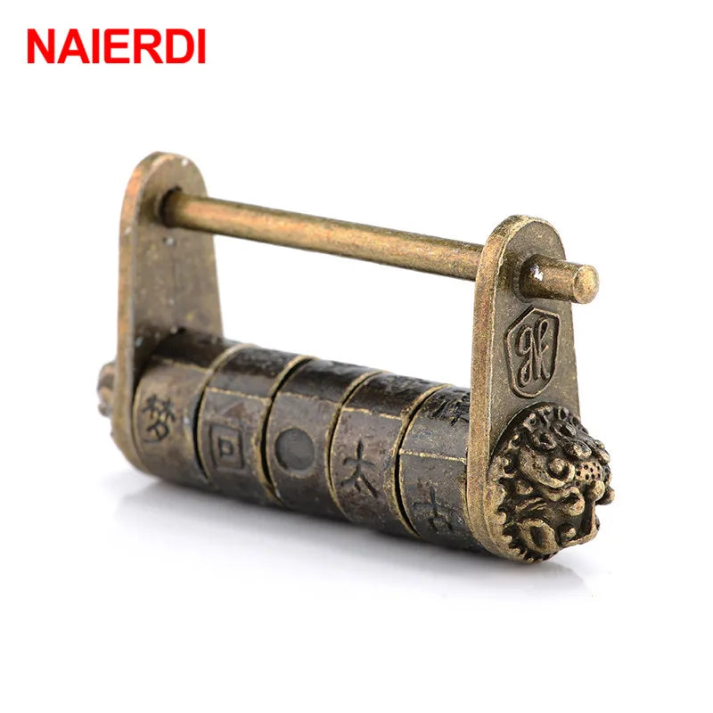 NAIERDI 50*28mm Zinc Alloy Chinese Vintage Antique Bronze Keyed Padlock Retro Combination Password Lock Jewelry Box Padlock