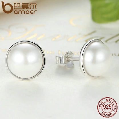 BAMOER Fashion 925 Sterling Silver Elegant Beauty, Round White Shell Pearl Stud Earrings Women Engagement Jewelry Brincos PAS489