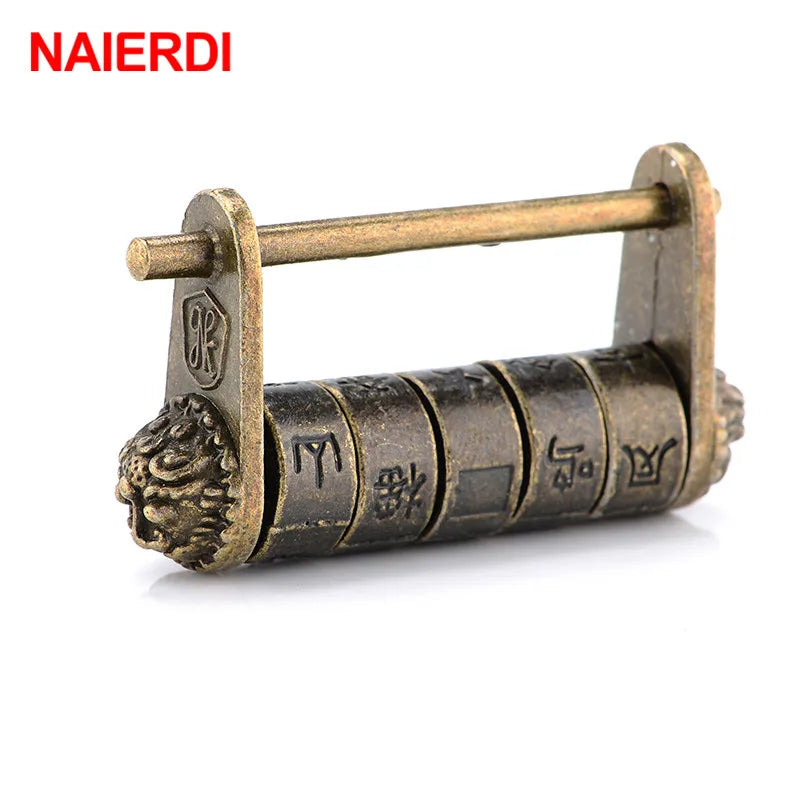 NAIERDI 50*28mm Zinc Alloy Chinese Vintage Antique Bronze Keyed Padlock Retro Combination Password Lock Jewelry Box Padlock