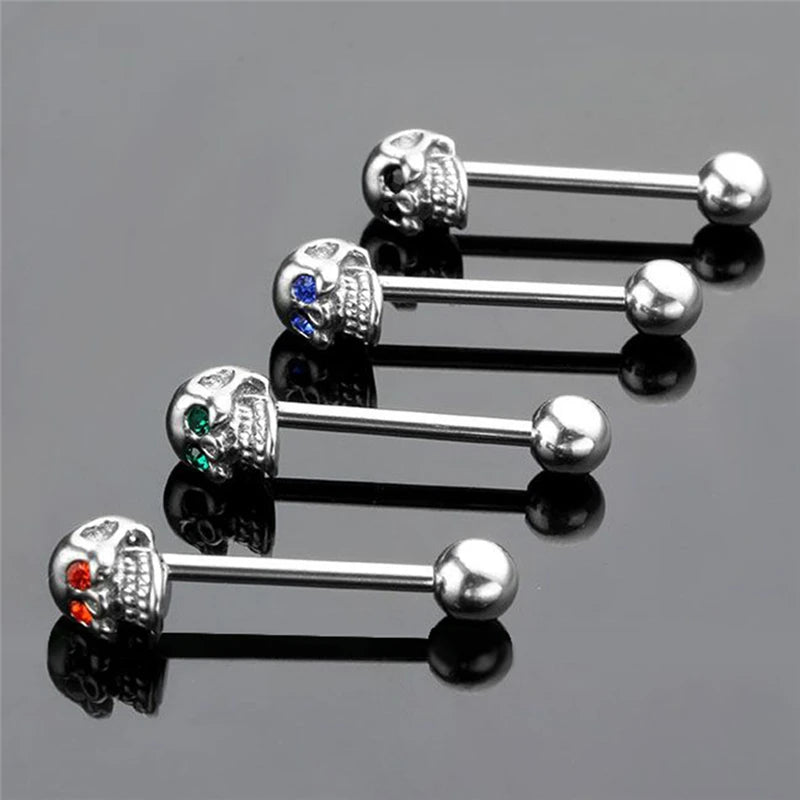 1pc CZ Gem Punk Skull Tongue Ring Barbell Piercing Body Jewelry 316L Stainless Steel Jewelries