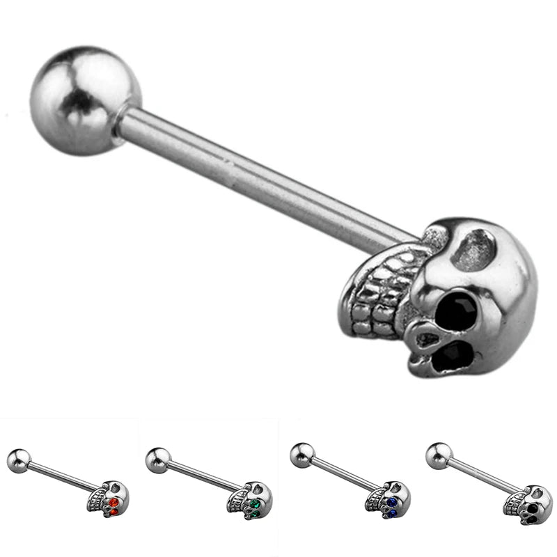 1pc CZ Gem Punk Skull Tongue Ring Barbell Piercing Body Jewelry 316L Stainless Steel Jewelries