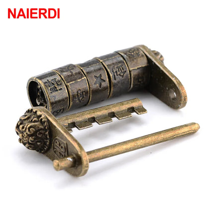 NAIERDI 50*28mm Zinc Alloy Chinese Vintage Antique Bronze Keyed Padlock Retro Combination Password Lock Jewelry Box Padlock