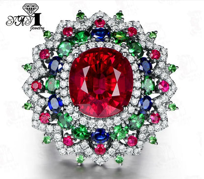 YaYI Jewelry Princess Cut Red Corundum Gemstones Zircon Silver Color Engagement  Wedding Party Precious Rings