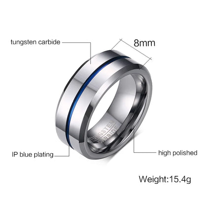 Newshe Men's Wedding Band Tungsten Rings Groove Ring Carbide Blue Line 8mm Size 7-13 Fashionable Jewelry Valentines Gift