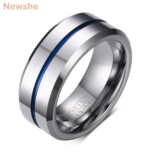 Newshe Men's Wedding Band Tungsten Rings Groove Ring Carbide Blue Line 8mm Size 7-13 Fashionable Jewelry Valentines Gift