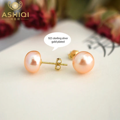 ASHIQI Real Natural Freshwater Pearl Stud Earrings 925 Sterling Silver With Gold Jewelry For Women Gifts