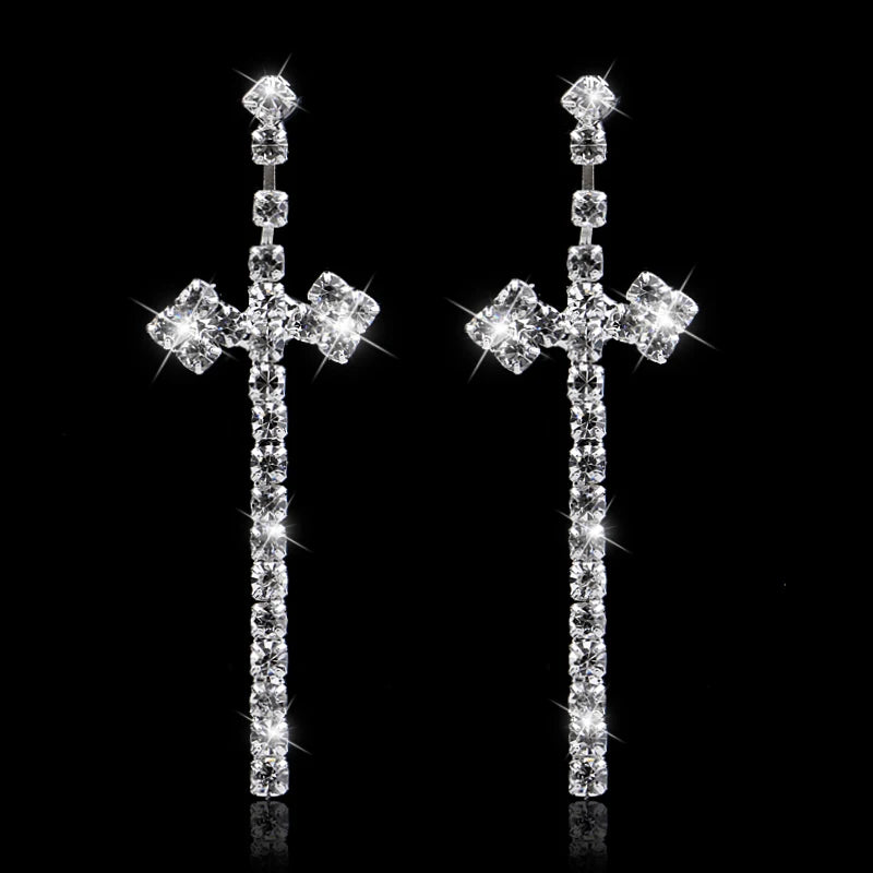 TREAZY Bridal Crystal Cross Shape Long Earrings Sparkly Silver Color Rhinestone Dangle Earrings For Women Wedding Jewelry Gifts