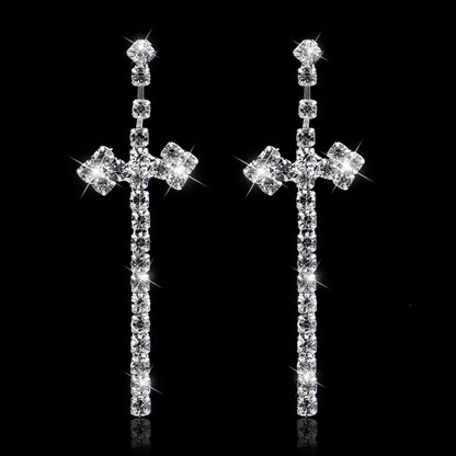 TREAZY Bridal Crystal Cross Shape Long Earrings Sparkly Silver Color Rhinestone Dangle Earrings For Women Wedding Jewelry Gifts