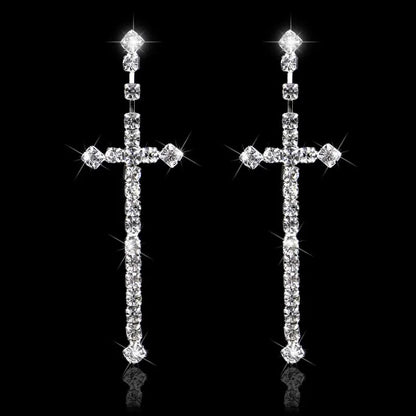 TREAZY Bridal Crystal Cross Shape Long Earrings Sparkly Silver Color Rhinestone Dangle Earrings For Women Wedding Jewelry Gifts