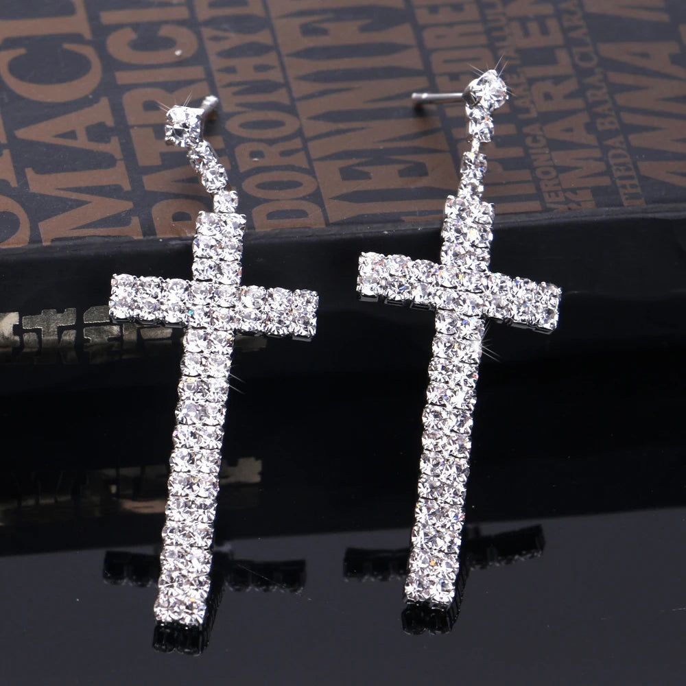 TREAZY Bridal Crystal Cross Shape Long Earrings Sparkly Silver Color Rhinestone Dangle Earrings For Women Wedding Jewelry Gifts