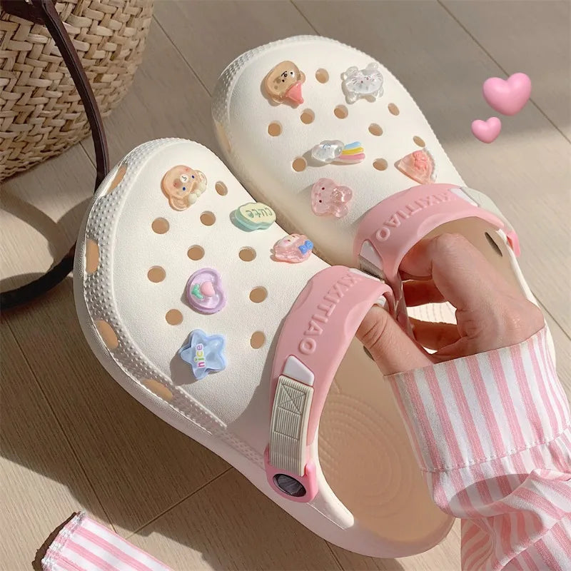 Cute Heart Women Hole Shoes 2024 Summer New Women's Fun Little Bear Cartoon Baotou Cool Slippers Outdoor Summer Beach Sandals