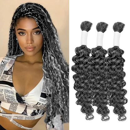 150g Boho Grey Deep Wave Bulk Human Hair for Braiding 3 Bundles No Weft Salt Pepper Gray Curly Human Hair Extensions for Braids