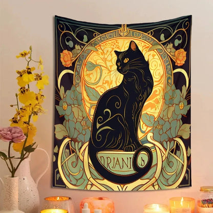 Psychedelic Black Cat Tapestry Wall Hanging Rose and Sunbeam Art Nouveau Floral Wall Art Animal Cat Lovers Gift Home Decor