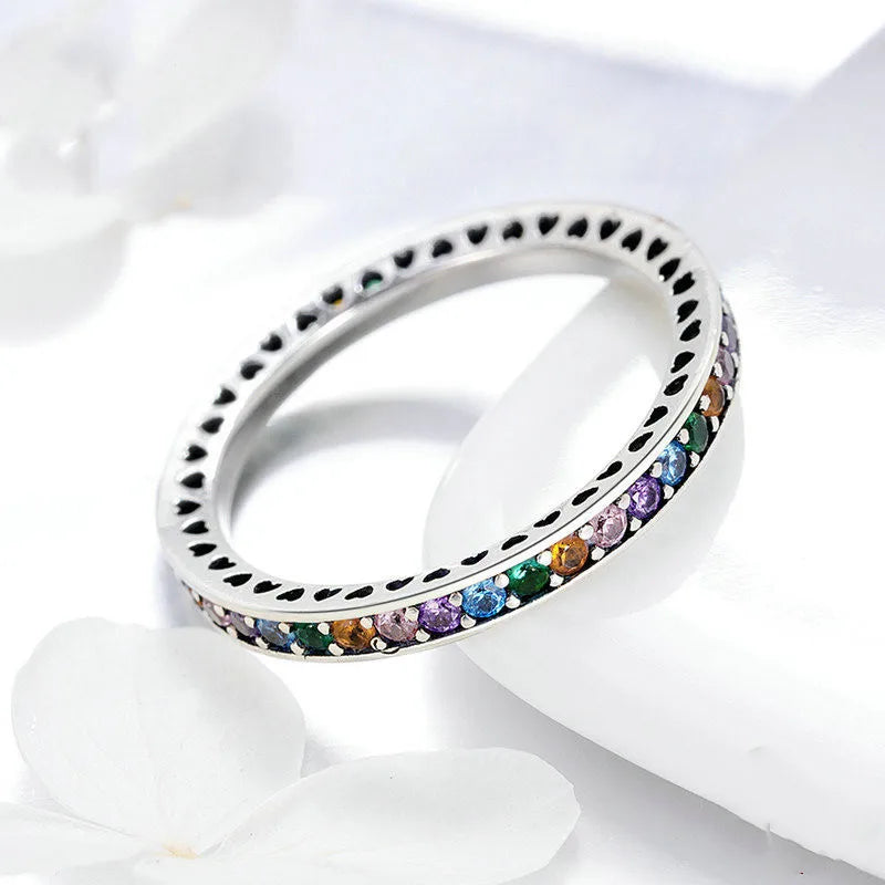 3mm Colorful CZ Eternity Ring Thin Engagement Wedding Birthstone Rainbow Color Classic Simple Round Simple Ring