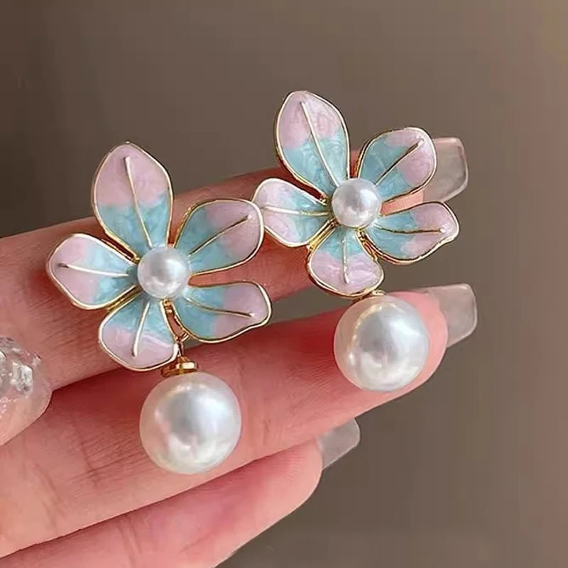 Pink Enamel Big Flower Drop Earrings Women White Imitation Pearl Dangle Earrings Wedding Party Contrast Color Elegant Jewelry