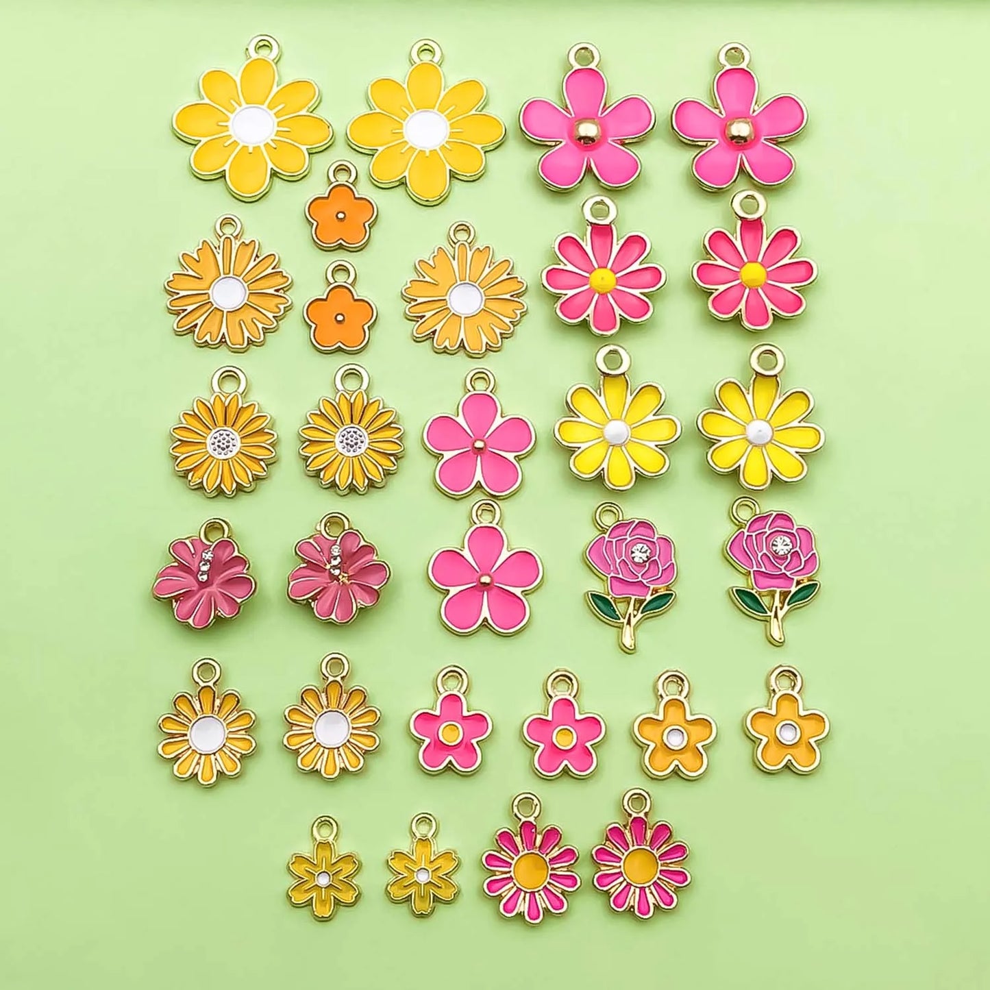 30pcs Yellow & Rose Red Enamel Flower Charms Alloy Small Daisies,  Chrysanthemum Pendants For DIY Jewelry Making Accessories