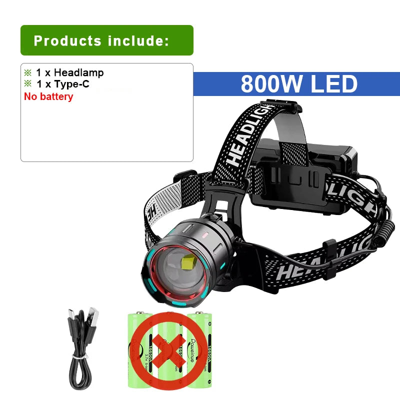 2024 New Super Powerful Headlamp 800W LED IR Sensor Headlight Rechargeable Head Flashlight 5000 Meter Head Lamp Fishing Lantern