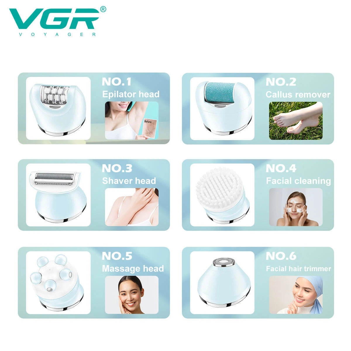 VGR Hair Remover Rechargeable Epilator Professional Lady Shaver Electric 6 In 1 Bikini Leg Body LED Epilator for Women V-733