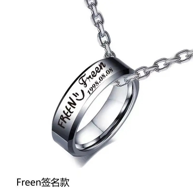 FreenBecky Same Female Leader of Thai Gap Series Signed The Same Ring with Titanium Steel Carving Lovers Ring Necklace