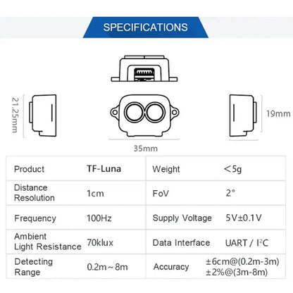 TF-Luna LiDAR Range Finder Sensor Single-Point Micro Ranging Module 5V UART IIC Interface With 6P 1.25mm Cable