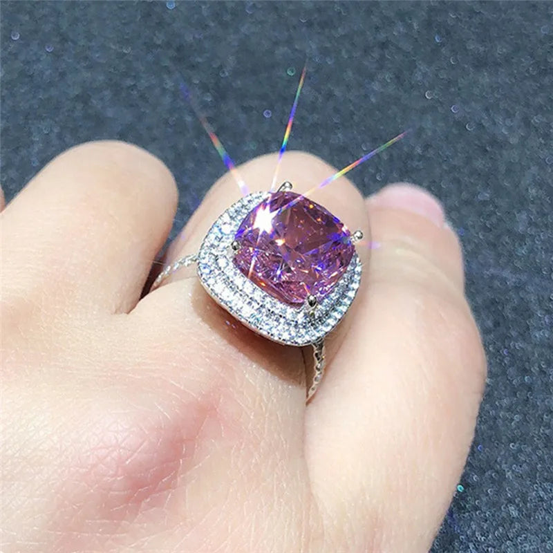 925 Sterling Silver Pink CZ Women's Rings Brilliant Engagement Wedding Accessories Valentines Love Gift New Trendy Jewelry