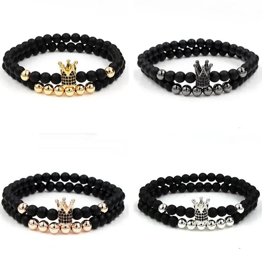 2Pcs/Set Couple Bracelets Sets For Women Men Fashion Beads Crown Elastic Charm Handwear Temperament Lovers Friends Bangle Gifts