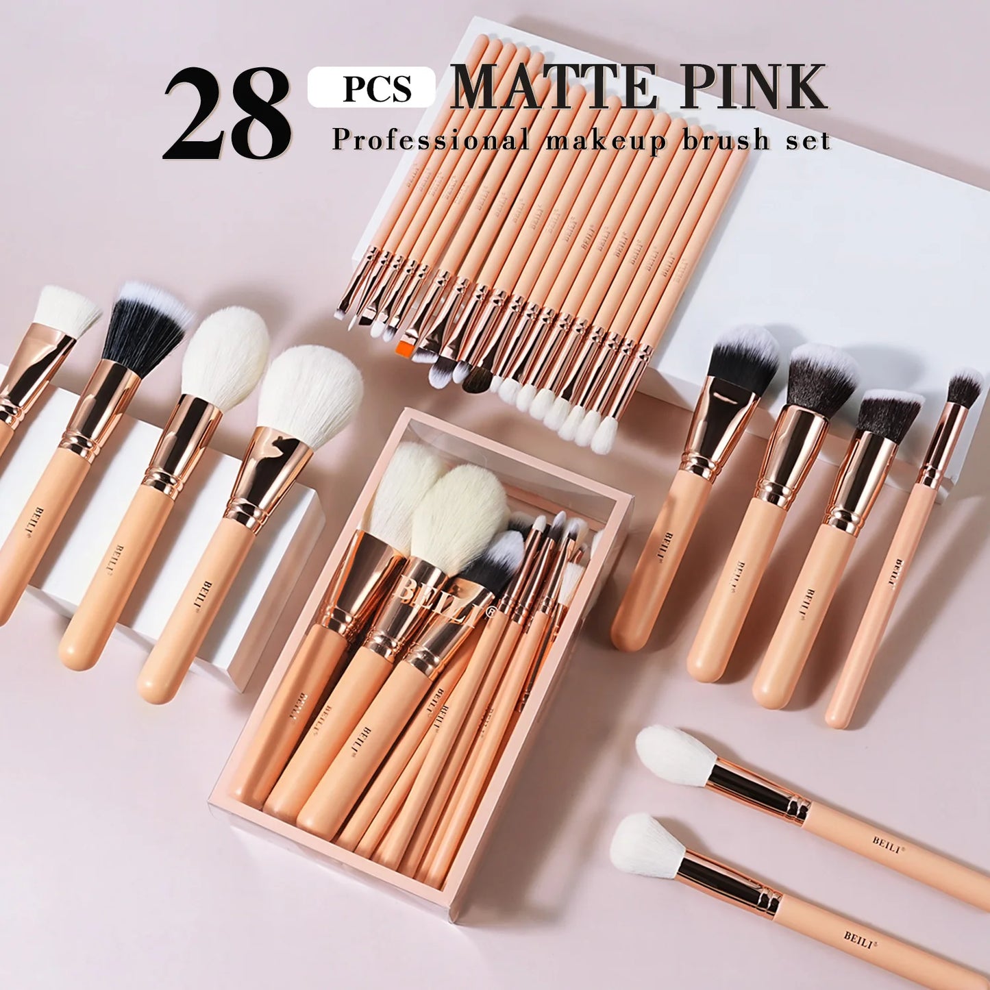 BEILI Pink Makeup Brushes High Quality Powder Foundation Blush Eyeshadow Make Up Brush Set  Natural Hair косметика