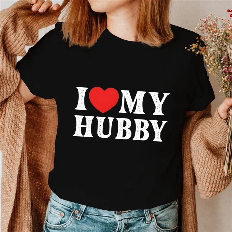 I Love My Wife I Love Hubby Print Couple T Shirt Summer Short Sleeve Loose Women Men Tee Shirt Funny Heart Lovers Couple Tshirt