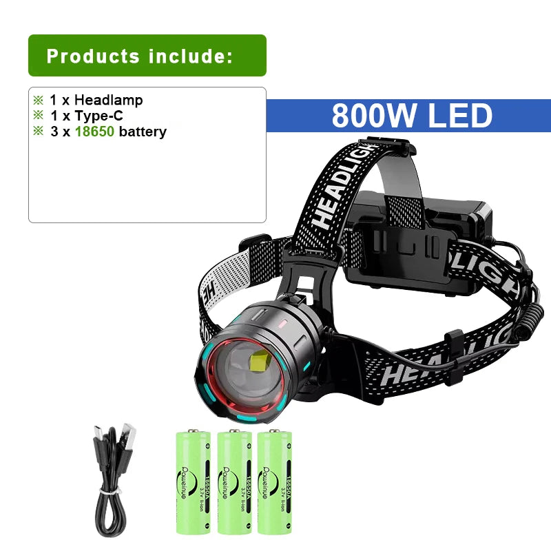 2024 New Super Powerful Headlamp 800W LED IR Sensor Headlight Rechargeable Head Flashlight 5000 Meter Head Lamp Fishing Lantern