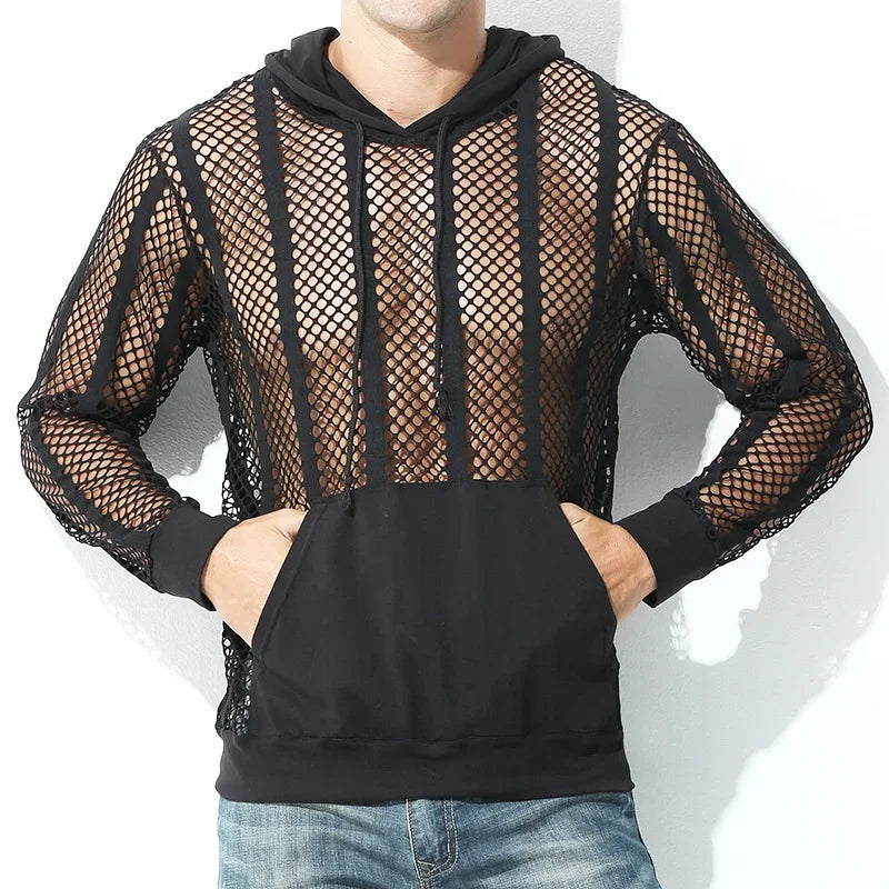 Men Mesh Shirt Transparent Long Sleeve Men Clothing Sexy Solid Party Nightclub Hooded Tops