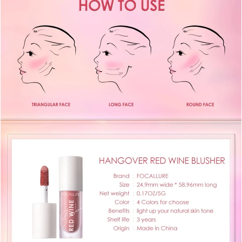 FOCALLURE Liquid Blusher 4 Colour Natual Makeup Face Blush Long-lasting Matte Make Up Hangover Red Wine Blush korean Makeup