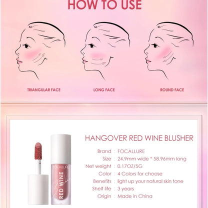 FOCALLURE Liquid Blusher 4 Colour Natual Makeup Face Blush Long-lasting Matte Make Up Hangover Red Wine Blush korean Makeup