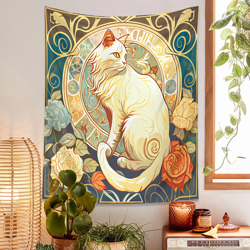 Psychedelic Black Cat Tapestry Wall Hanging Rose and Sunbeam Art Nouveau Floral Wall Art Animal Cat Lovers Gift Home Decor