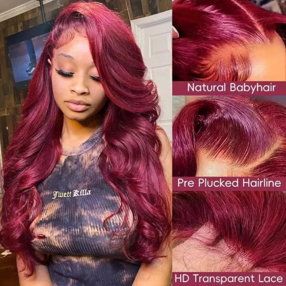 99J Burgundy Lace Frontal Wig 13x6 Body Wave Lace Front Wig HD Transparent Lace Frontal Wig Human Hair Pre Plucked 99j Red Color