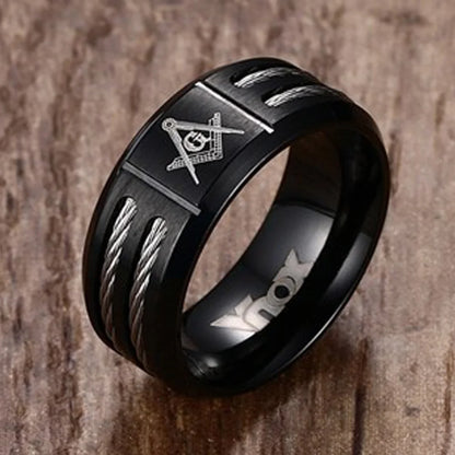 Vnox Vintage 9mm Masonic Ring Men Jewelry Black Stainless Steel With Wire Brother Gift