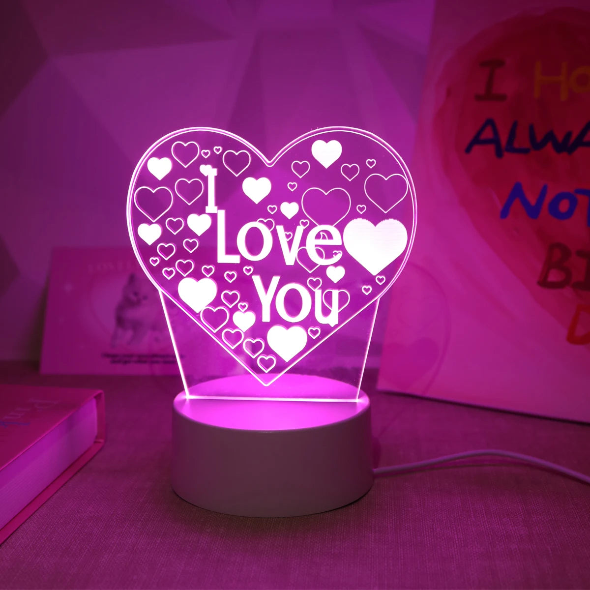 Pink Romantic Confession I LOVE YOU 3D Night Light Gift Light for Lovers, Bedroom Decoration Atmosphere Light