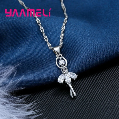 Solid S925 Sterling Silver Jewelry Gift Sets Cute Ballet Dancer Design Necklace Hoop Loop Earrings for Women Party