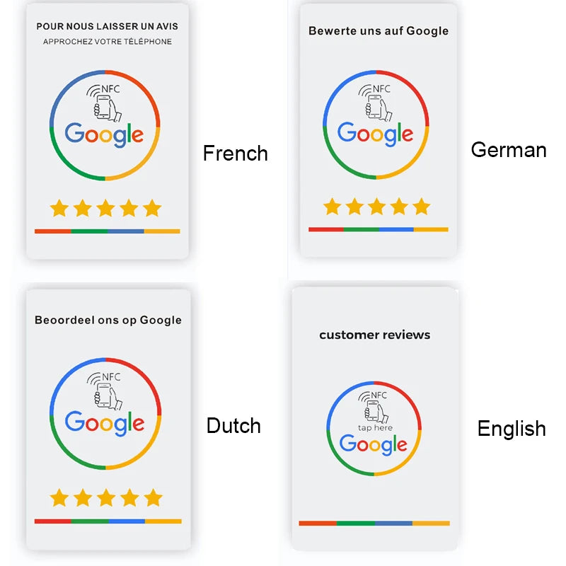 Spanish German French Dutch English NFC Google Review Cards Android/IPhone Tap URL Writing Social Business Review Cards