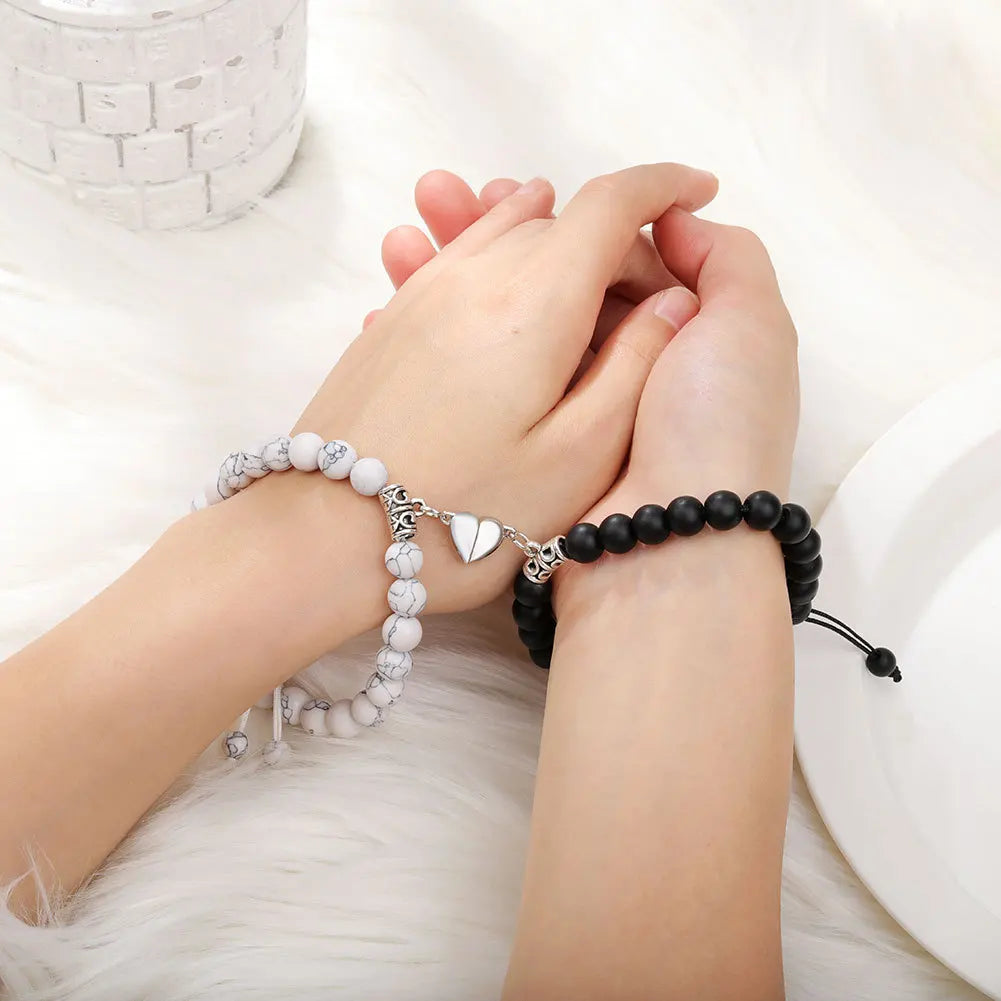 Romantic Natural Stone Couples Matching Bracelets for Women Men Heart Magnetic Distance Bracelet Yoga Jewelry Accessories