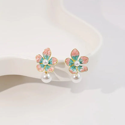 Pink Enamel Big Flower Drop Earrings Women White Imitation Pearl Dangle Earrings Wedding Party Contrast Color Elegant Jewelry