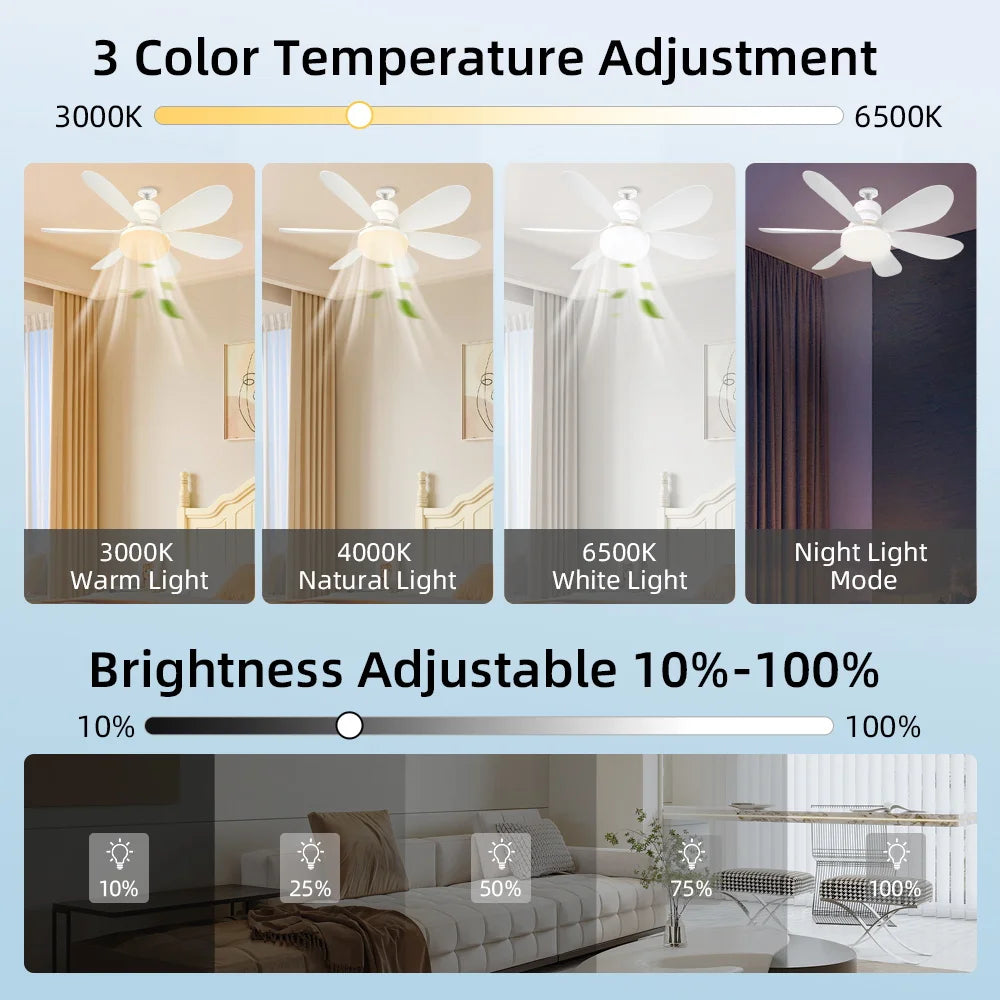 E27 LED Ceiling Fan Light with Remote Control Dimming Hanging Lamp for Living Room Study Home Adjustable Wind Speed Fan Lamps