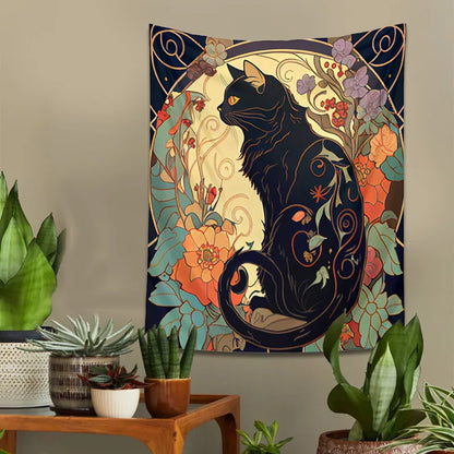 Psychedelic Black Cat Tapestry Wall Hanging Rose and Sunbeam Art Nouveau Floral Wall Art Animal Cat Lovers Gift Home Decor