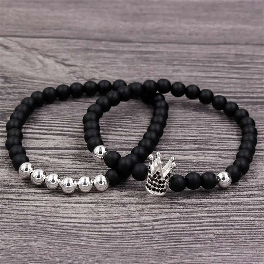 2Pcs/Set Couple Bracelets Sets For Women Men Fashion Beads Crown Elastic Charm Handwear Temperament Lovers Friends Bangle Gifts